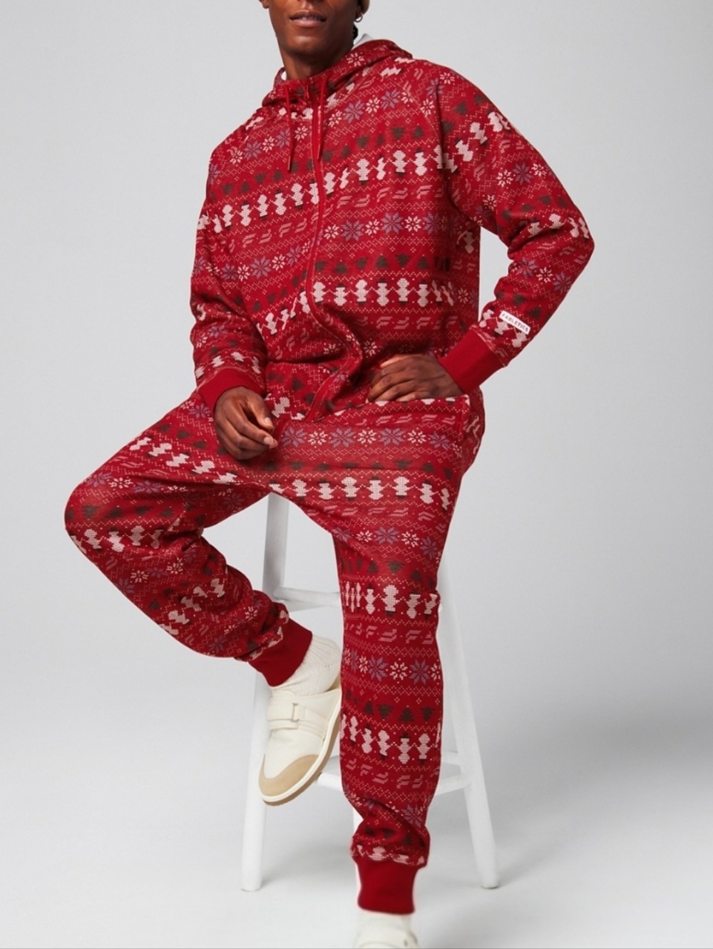 Fabletics The Go-To Fleece Hooded Onesie - Holly Berry Intarsia Fairisle Size M
